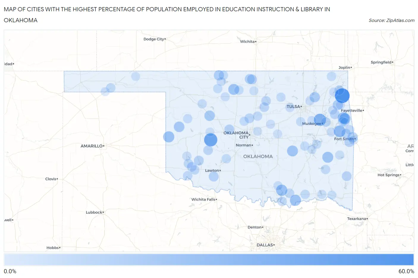 Cities with the Highest Percentage of Population Employed in Education Instruction & Library in Oklahoma Map