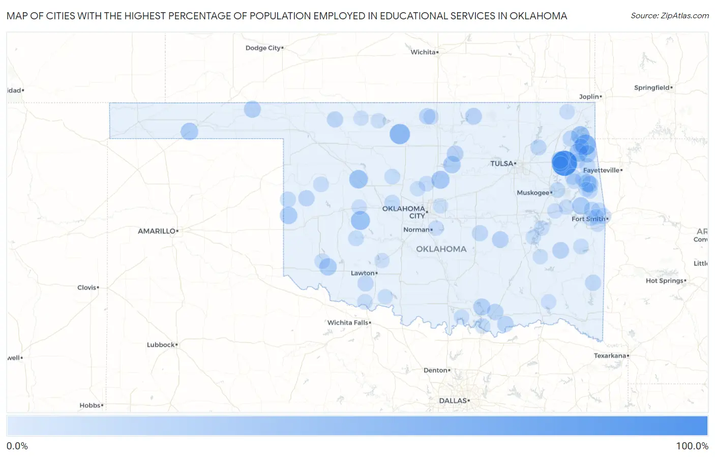 Cities with the Highest Percentage of Population Employed in Educational Services in Oklahoma Map