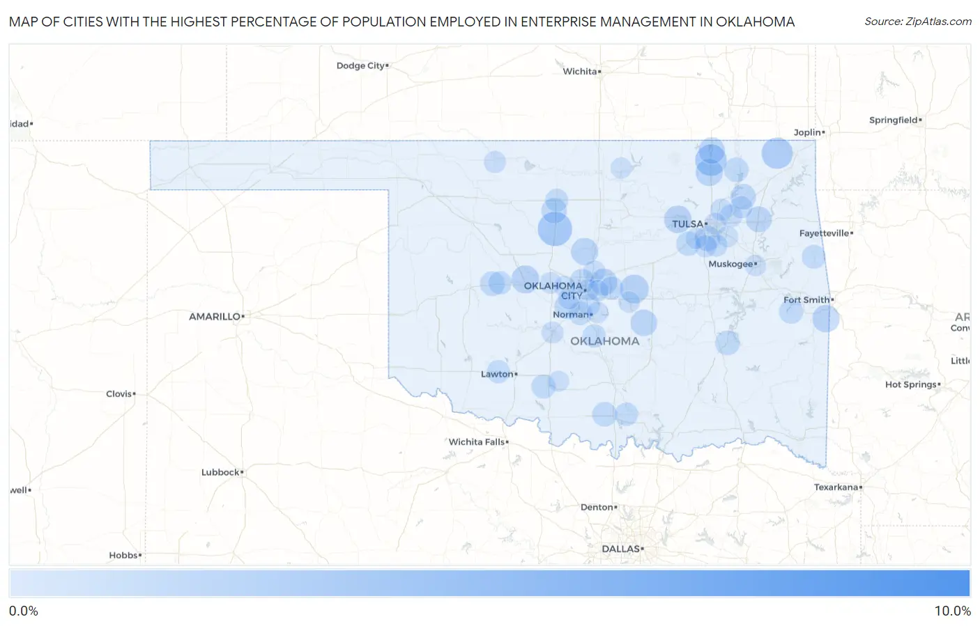 Cities with the Highest Percentage of Population Employed in Enterprise Management in Oklahoma Map