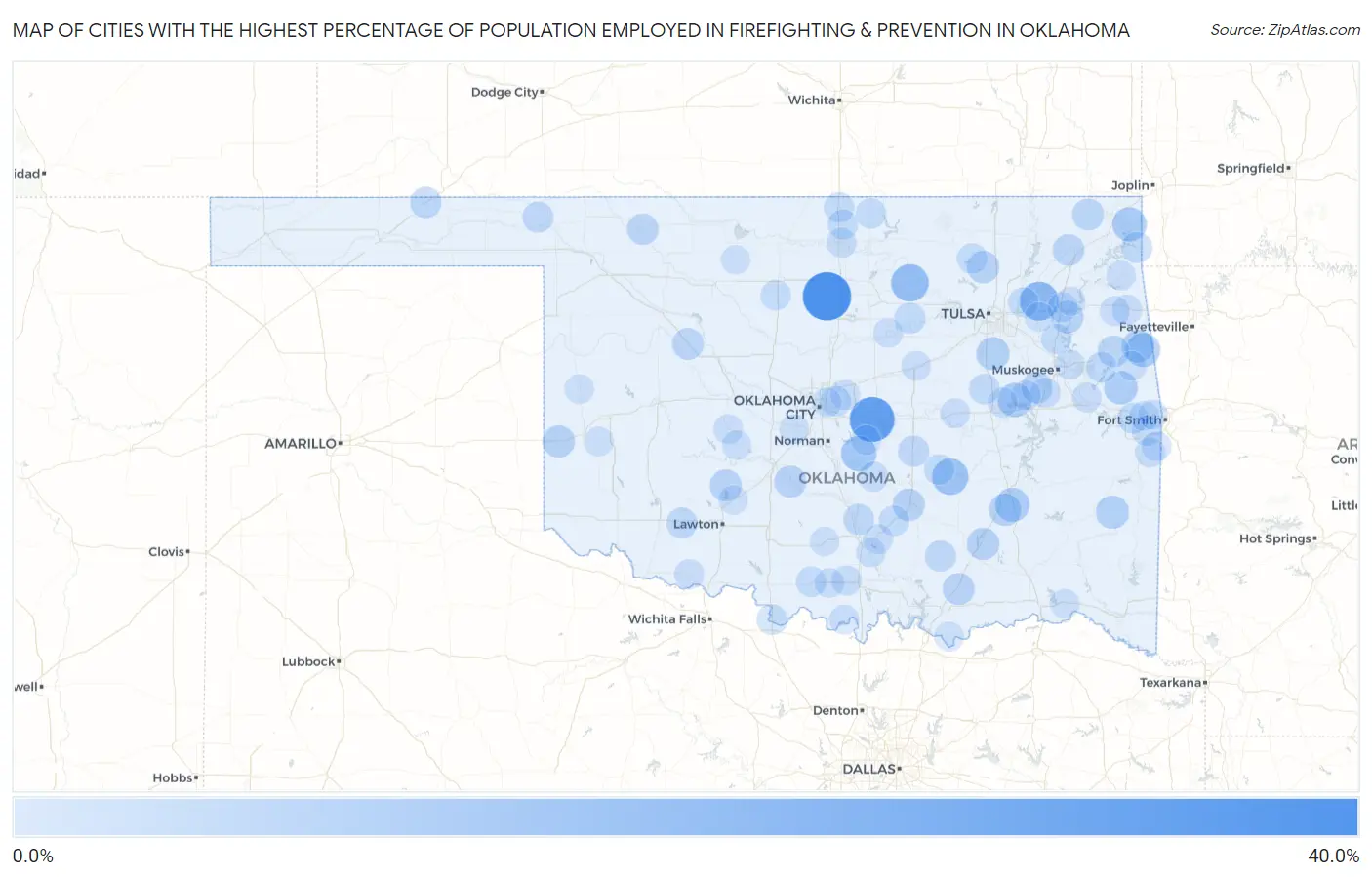 Cities with the Highest Percentage of Population Employed in Firefighting & Prevention in Oklahoma Map