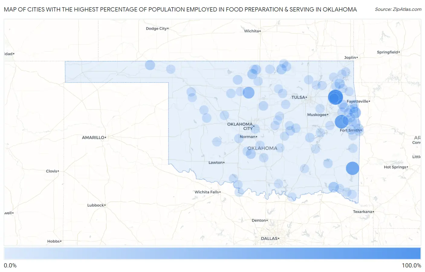 Cities with the Highest Percentage of Population Employed in Food Preparation & Serving in Oklahoma Map