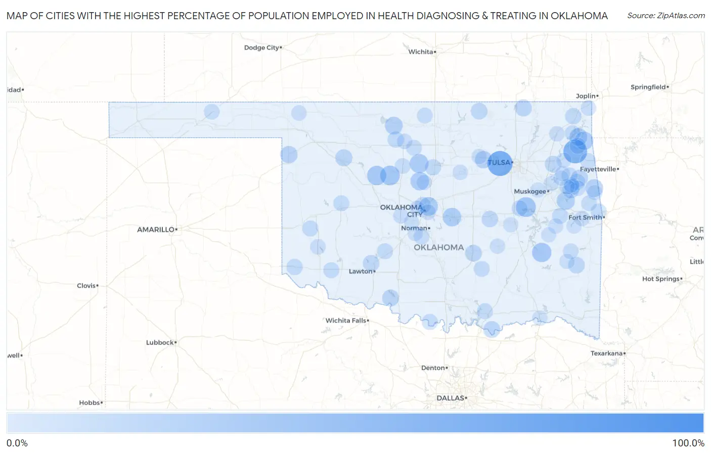 Cities with the Highest Percentage of Population Employed in Health Diagnosing & Treating in Oklahoma Map