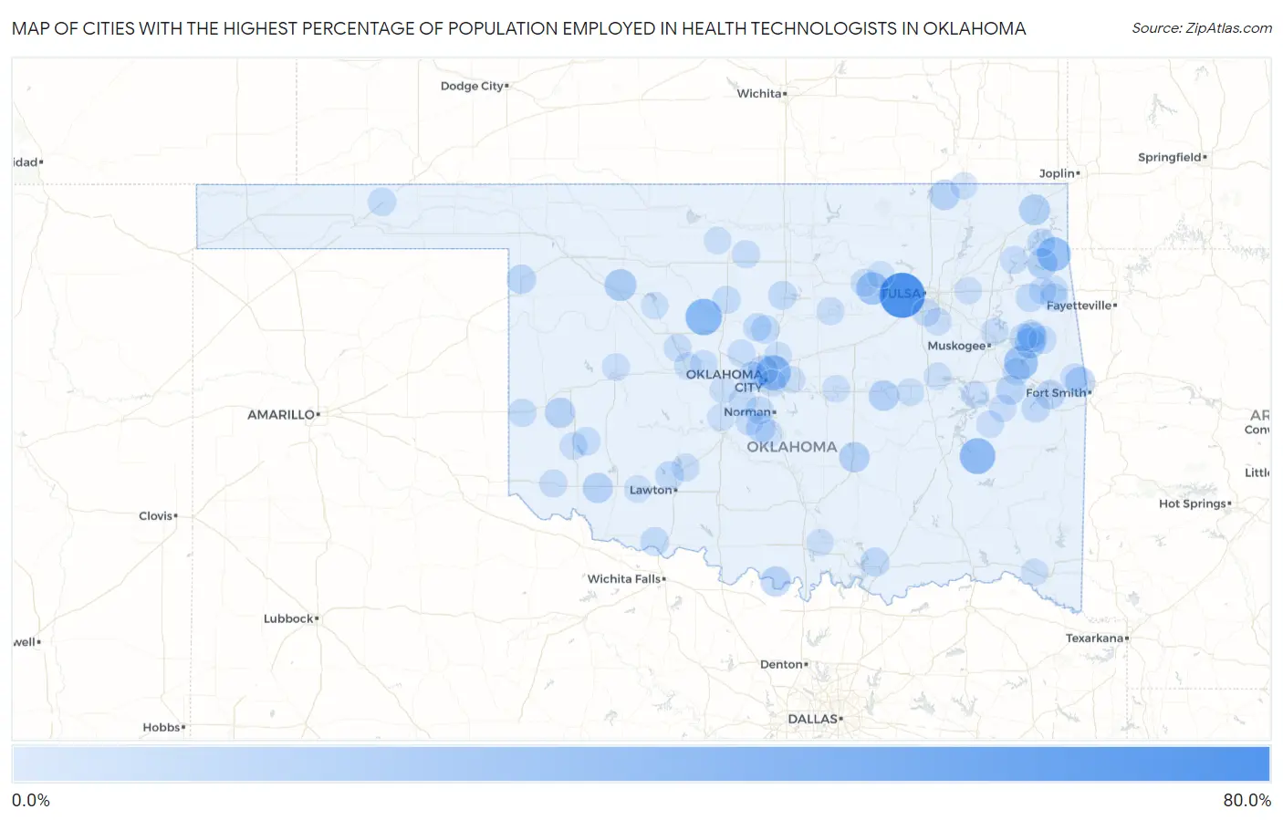 Cities with the Highest Percentage of Population Employed in Health Technologists in Oklahoma Map