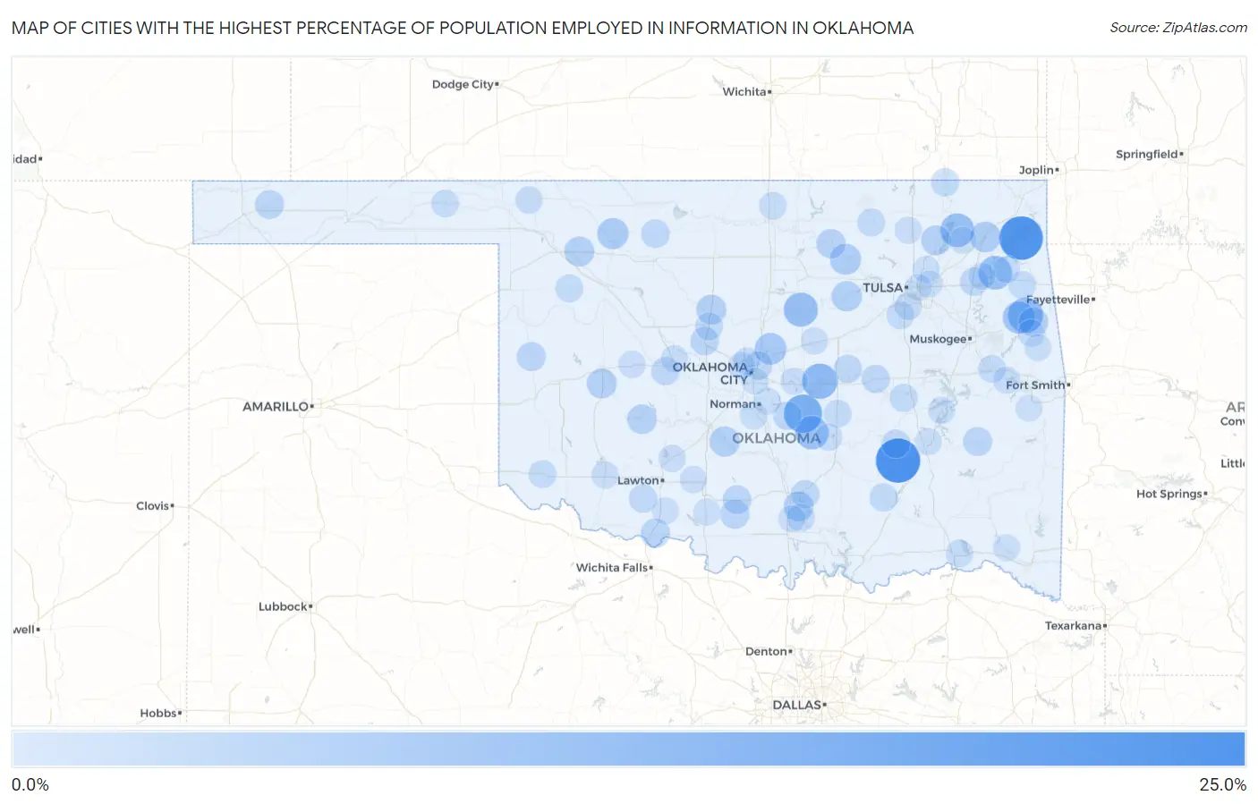 Cities with the Highest Percentage of Population Employed in Information in Oklahoma Map