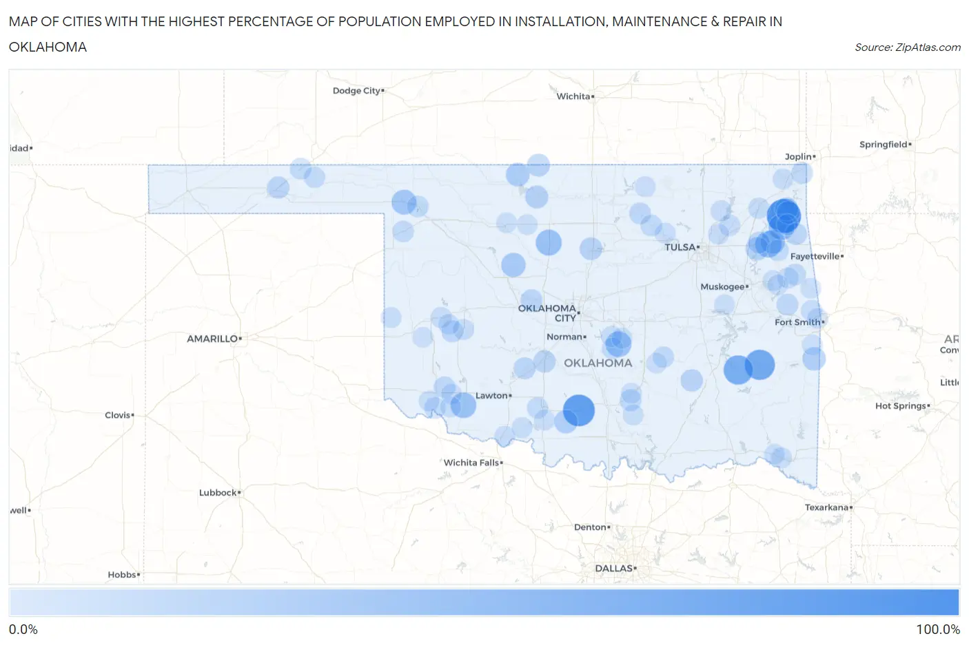 Cities with the Highest Percentage of Population Employed in Installation, Maintenance & Repair in Oklahoma Map