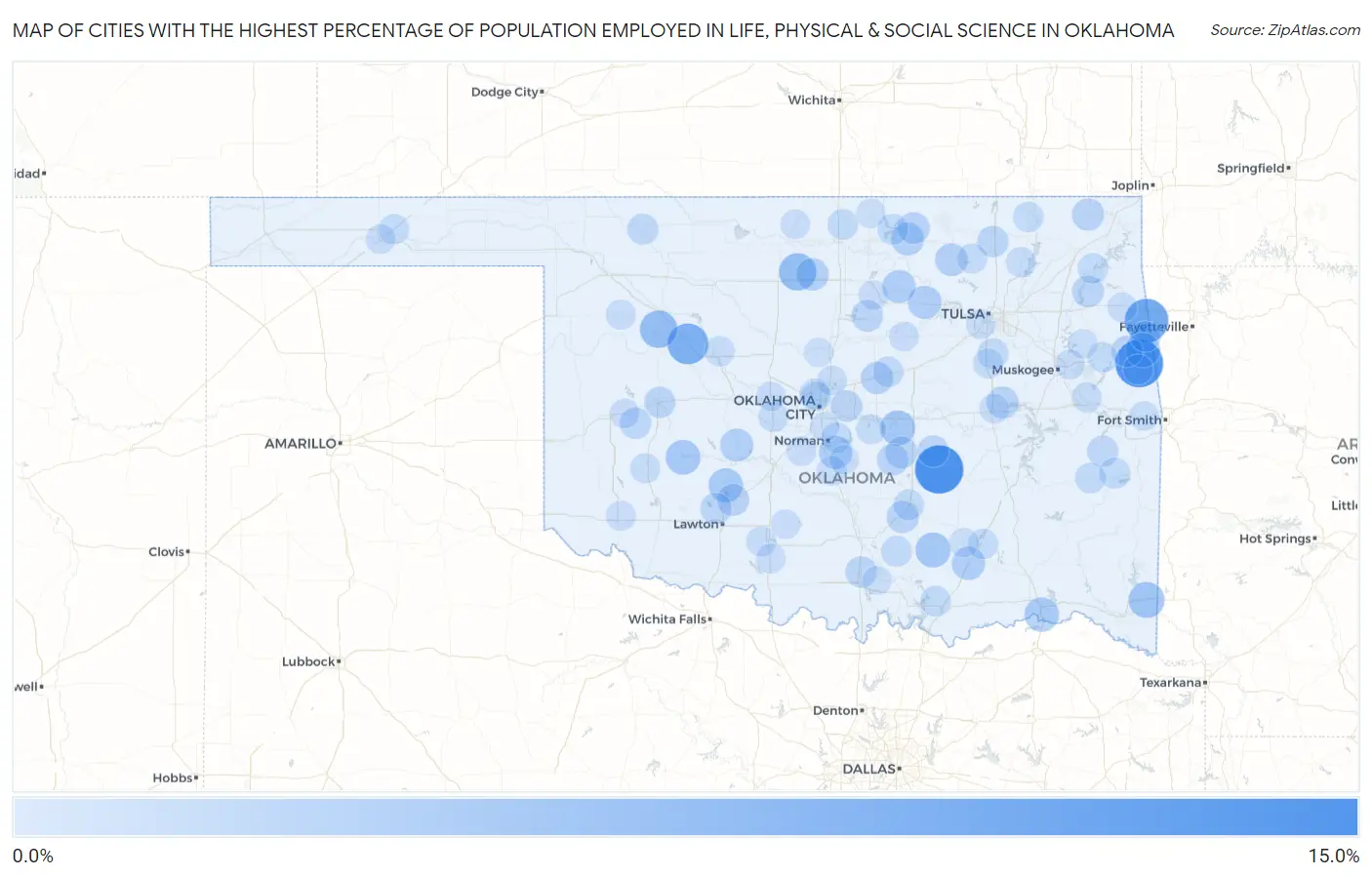 Cities with the Highest Percentage of Population Employed in Life, Physical & Social Science in Oklahoma Map
