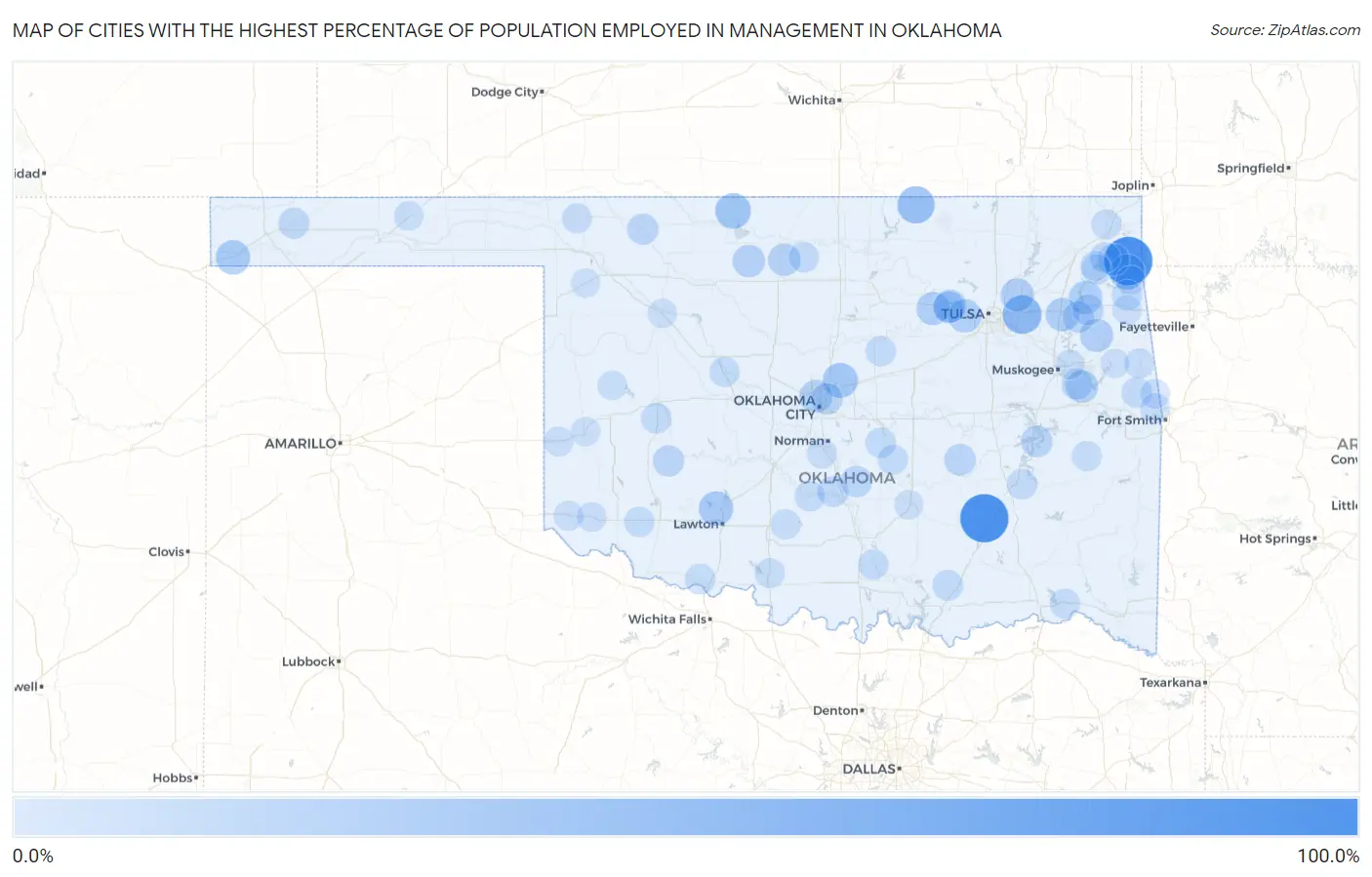 Cities with the Highest Percentage of Population Employed in Management in Oklahoma Map
