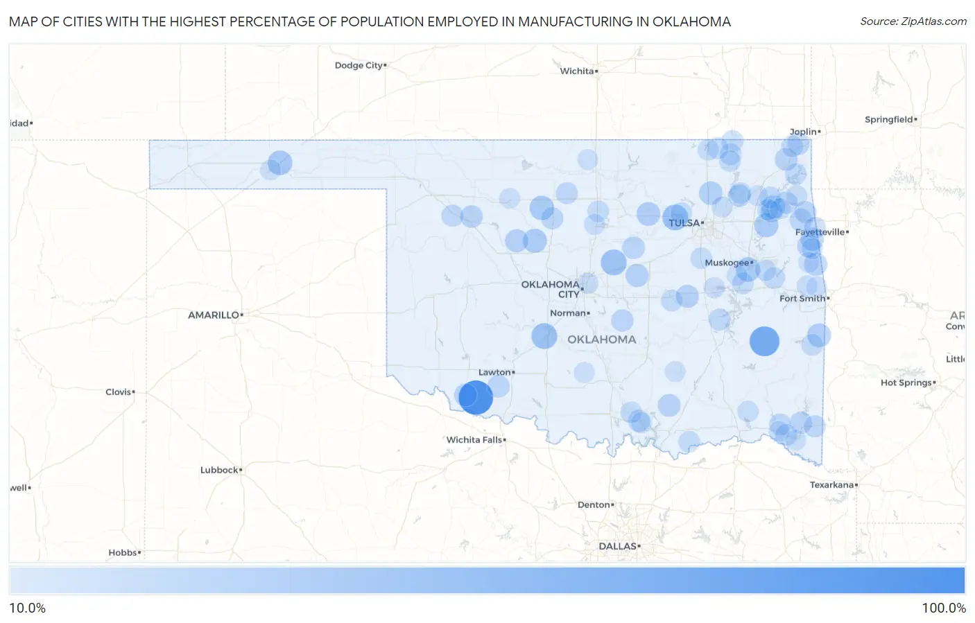 Cities with the Highest Percentage of Population Employed in Manufacturing in Oklahoma Map