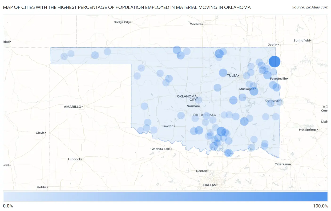 Cities with the Highest Percentage of Population Employed in Material Moving in Oklahoma Map