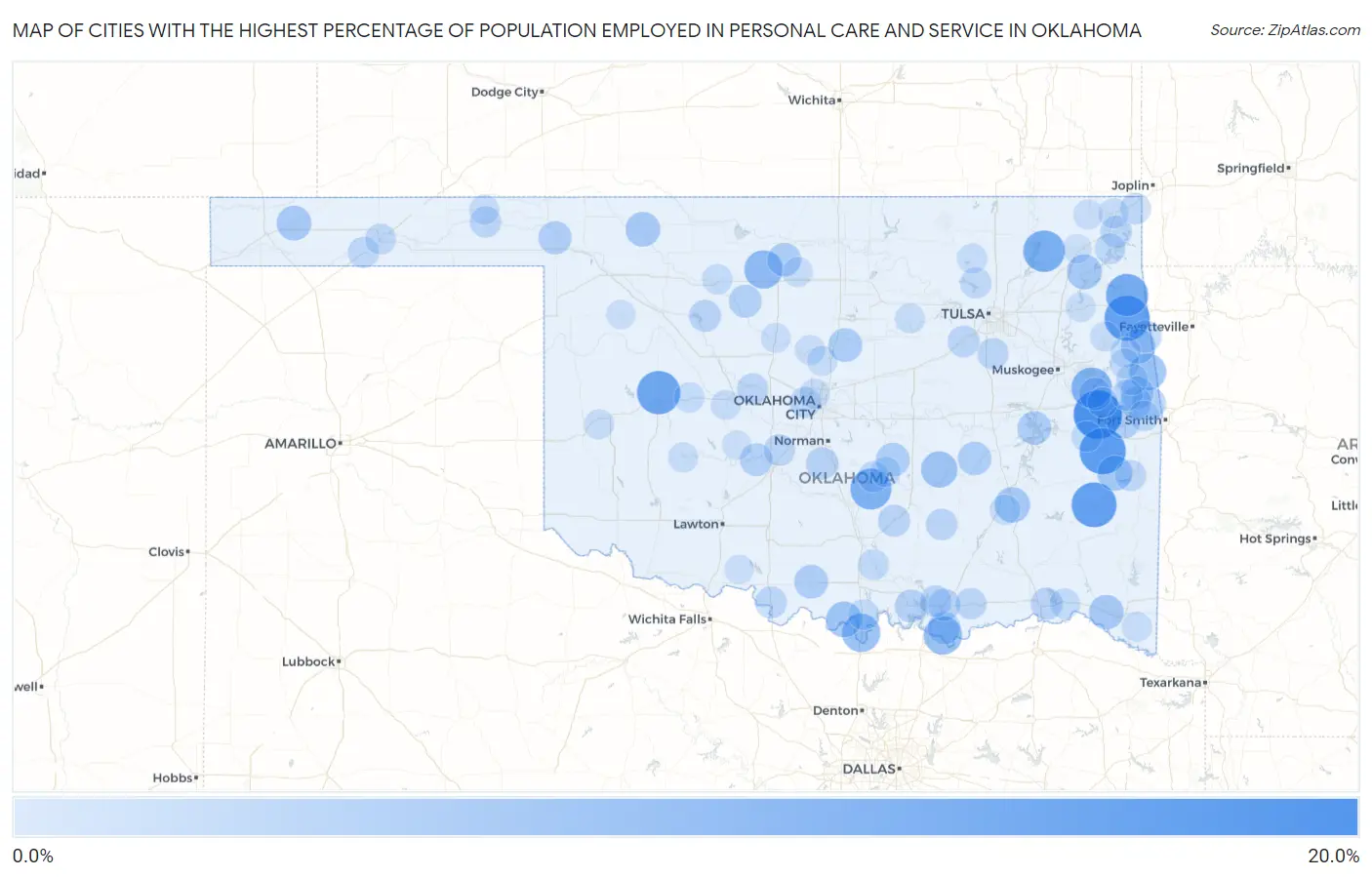 Cities with the Highest Percentage of Population Employed in Personal Care and Service in Oklahoma Map