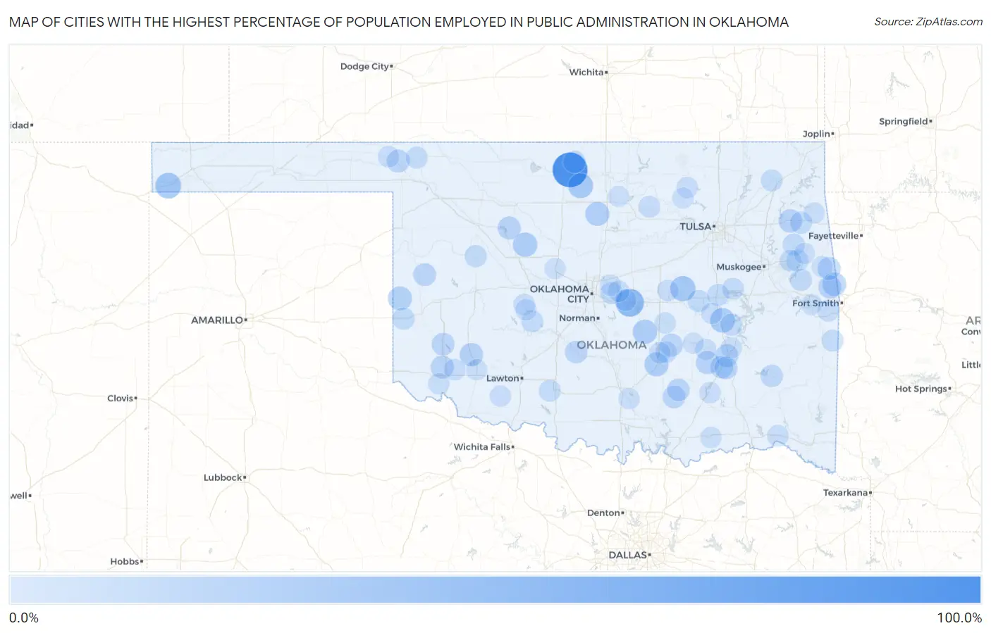 Cities with the Highest Percentage of Population Employed in Public Administration in Oklahoma Map