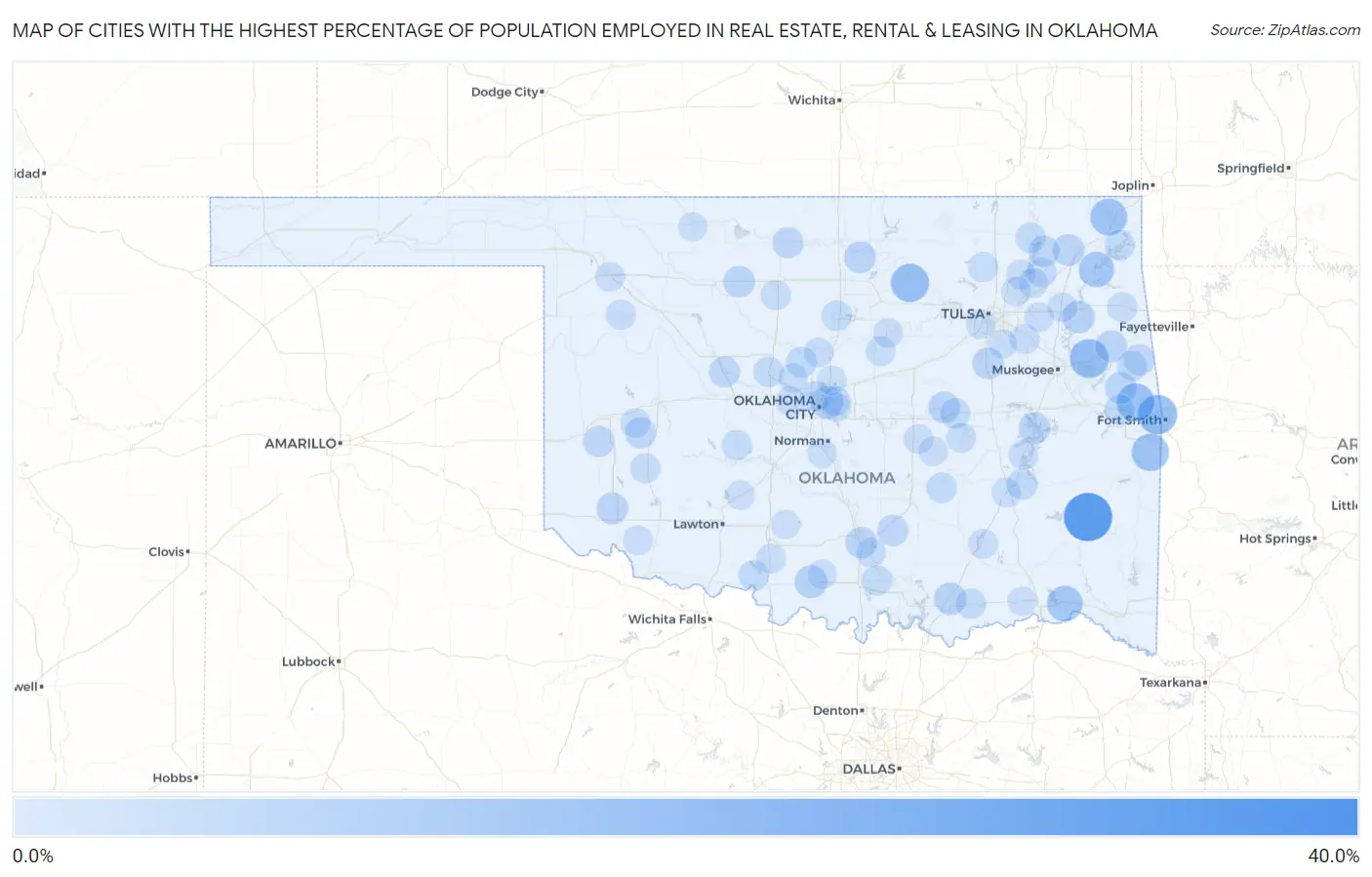 Cities with the Highest Percentage of Population Employed in Real Estate, Rental & Leasing in Oklahoma Map