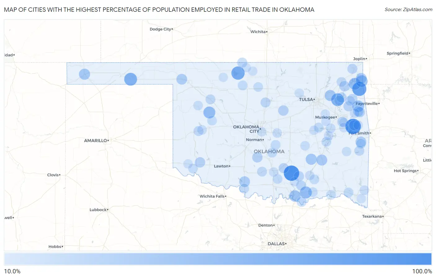 Cities with the Highest Percentage of Population Employed in Retail Trade in Oklahoma Map