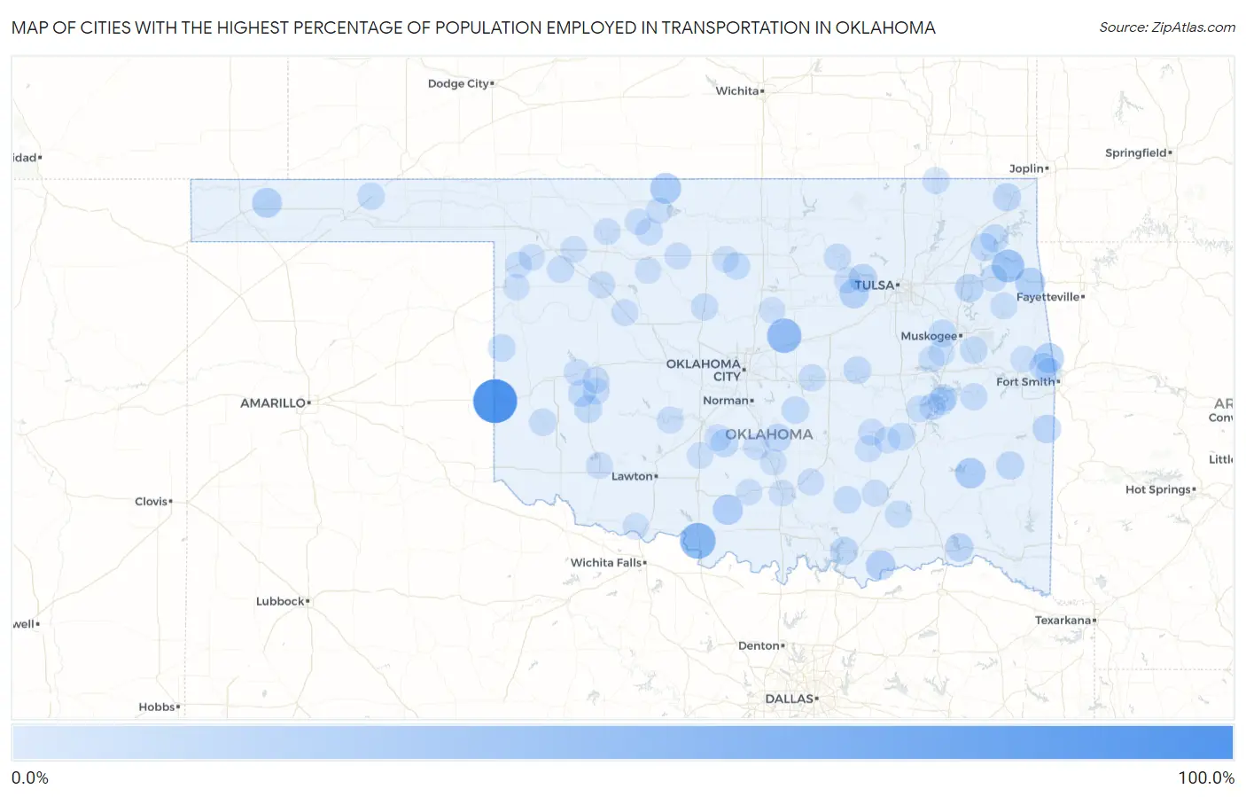 Cities with the Highest Percentage of Population Employed in Transportation in Oklahoma Map