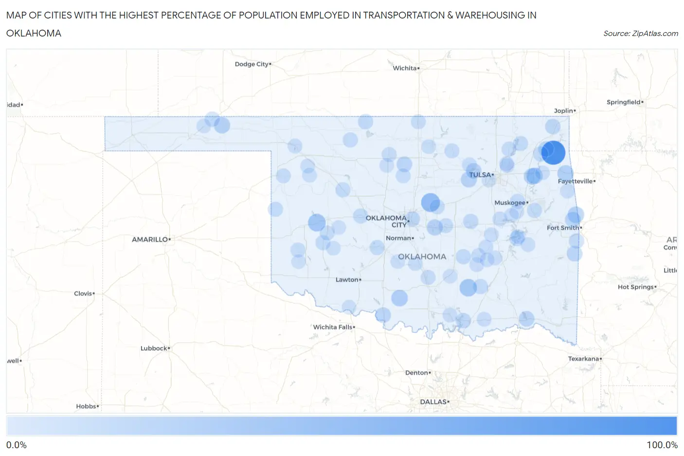 Cities with the Highest Percentage of Population Employed in Transportation & Warehousing in Oklahoma Map