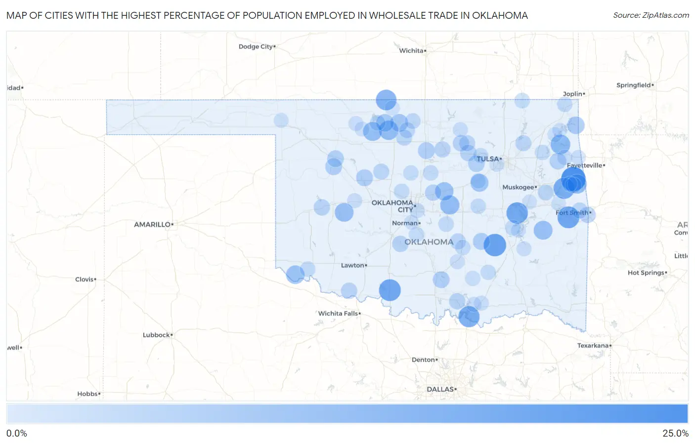 Cities with the Highest Percentage of Population Employed in Wholesale Trade in Oklahoma Map