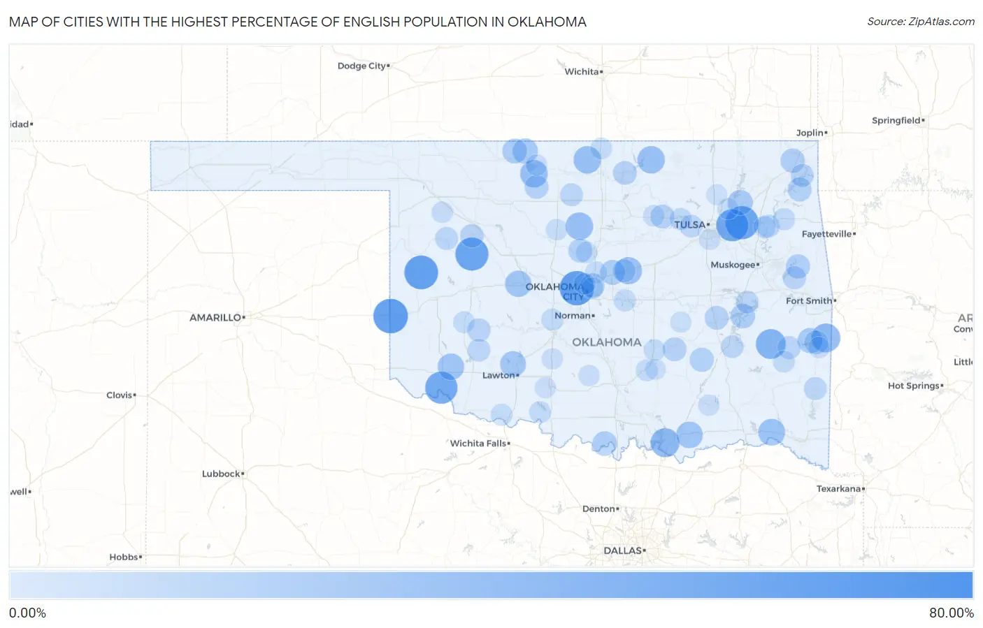 Cities with the Highest Percentage of English Population in Oklahoma Map