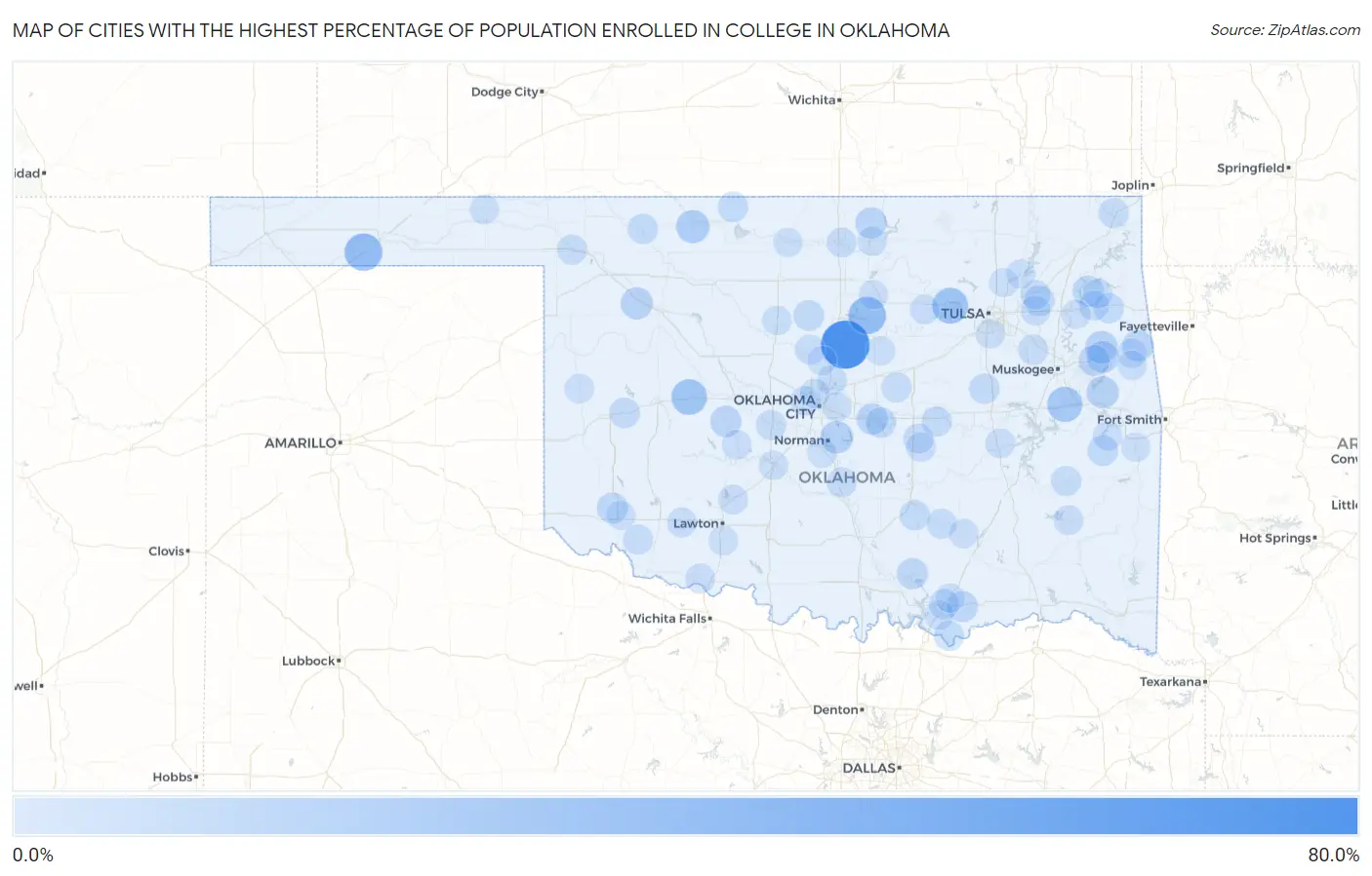 Cities with the Highest Percentage of Population Enrolled in College in Oklahoma Map