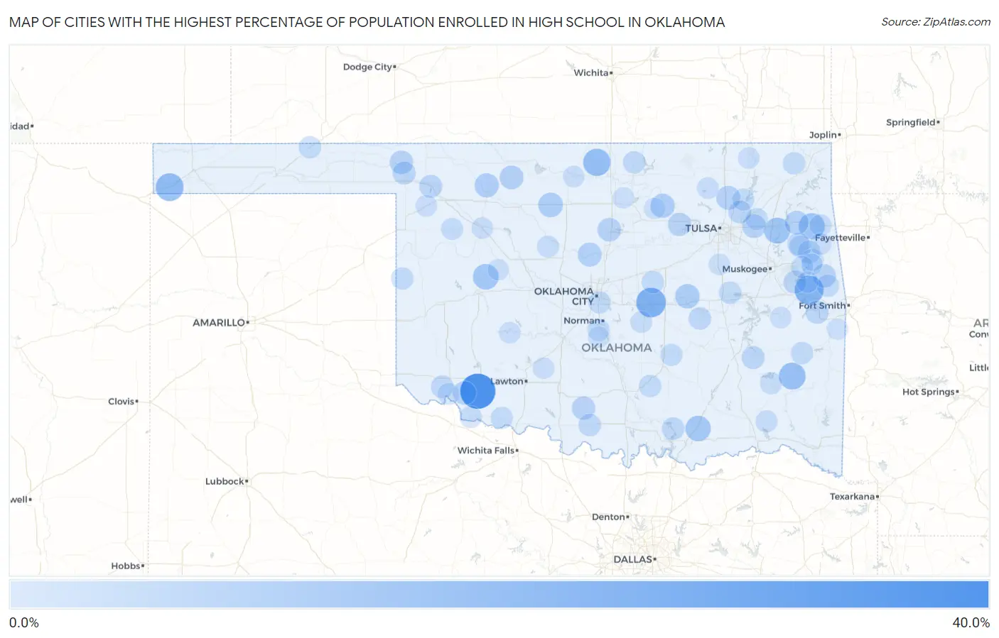 Cities with the Highest Percentage of Population Enrolled in High School in Oklahoma Map
