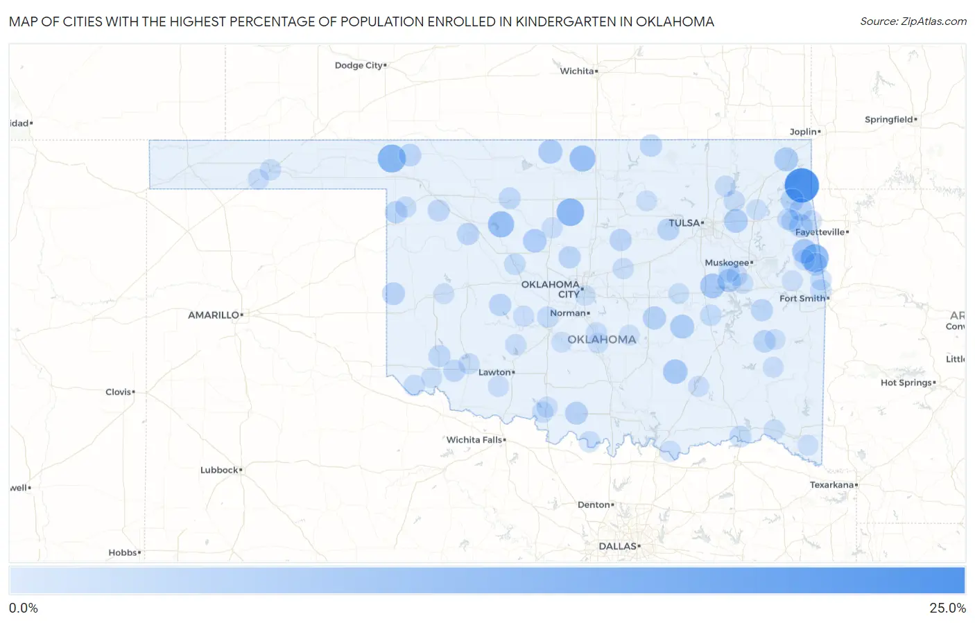 Cities with the Highest Percentage of Population Enrolled in Kindergarten in Oklahoma Map