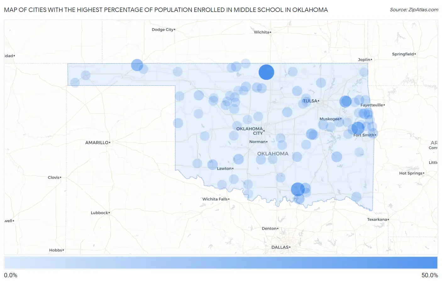 Cities with the Highest Percentage of Population Enrolled in Middle School in Oklahoma Map