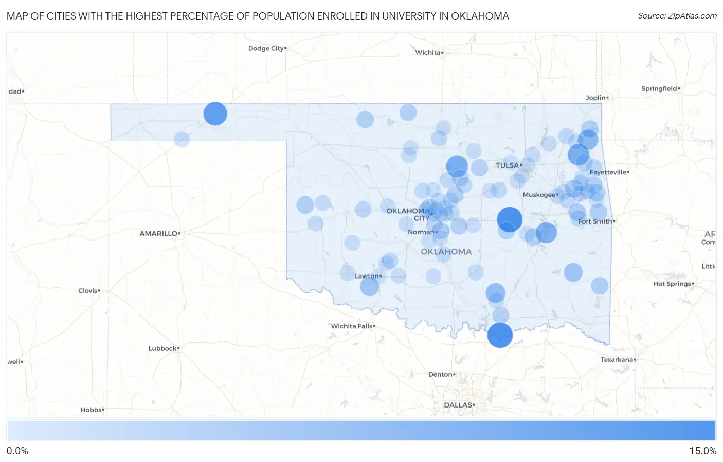 Cities with the Highest Percentage of Population Enrolled in University in Oklahoma Map