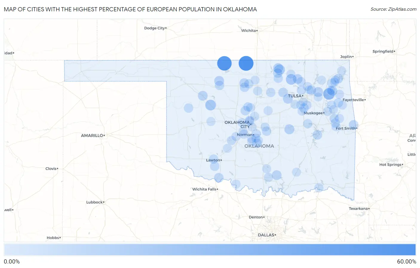 Cities with the Highest Percentage of European Population in Oklahoma Map