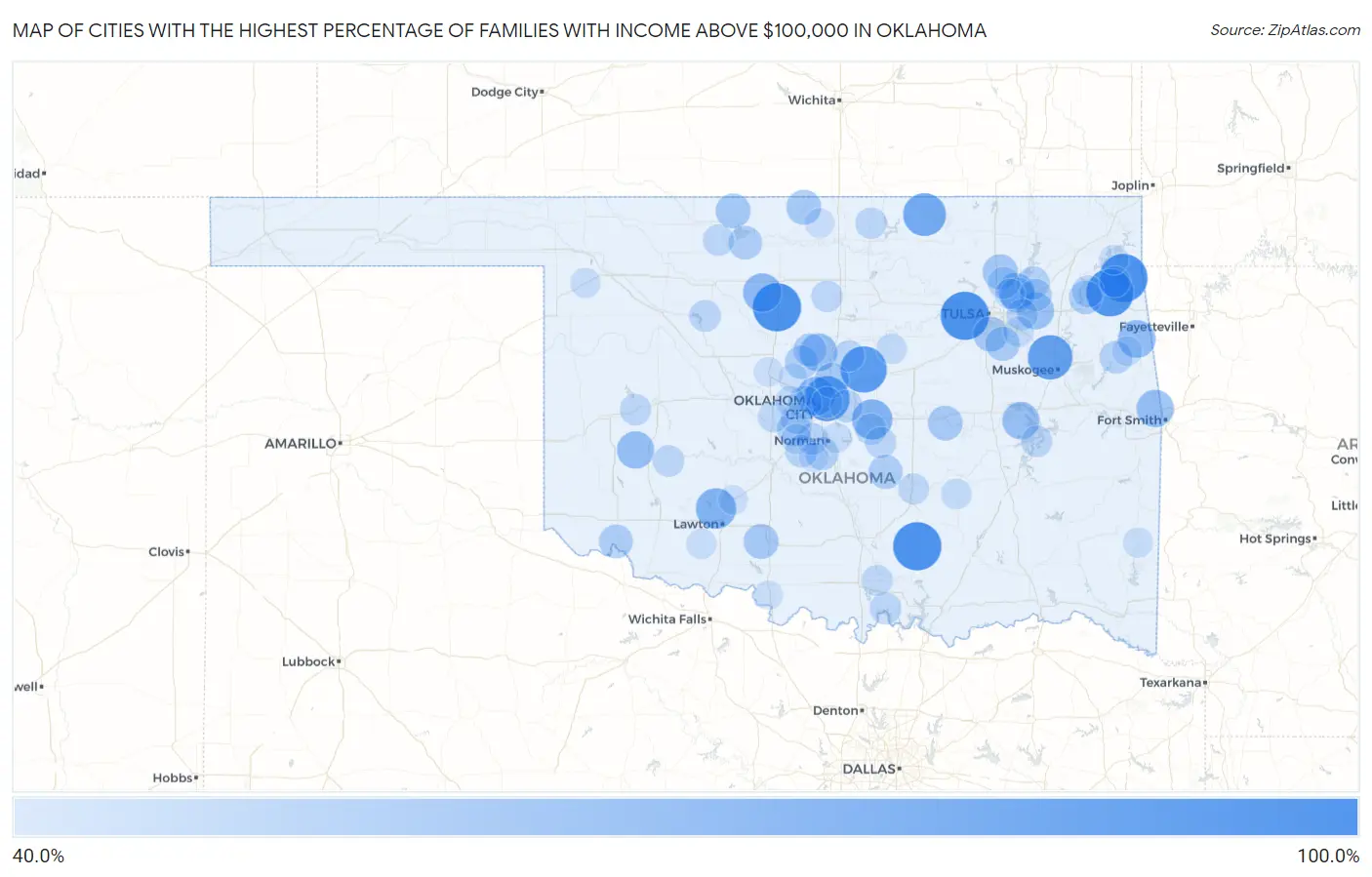 Cities with the Highest Percentage of Families with Income Above $100,000 in Oklahoma Map