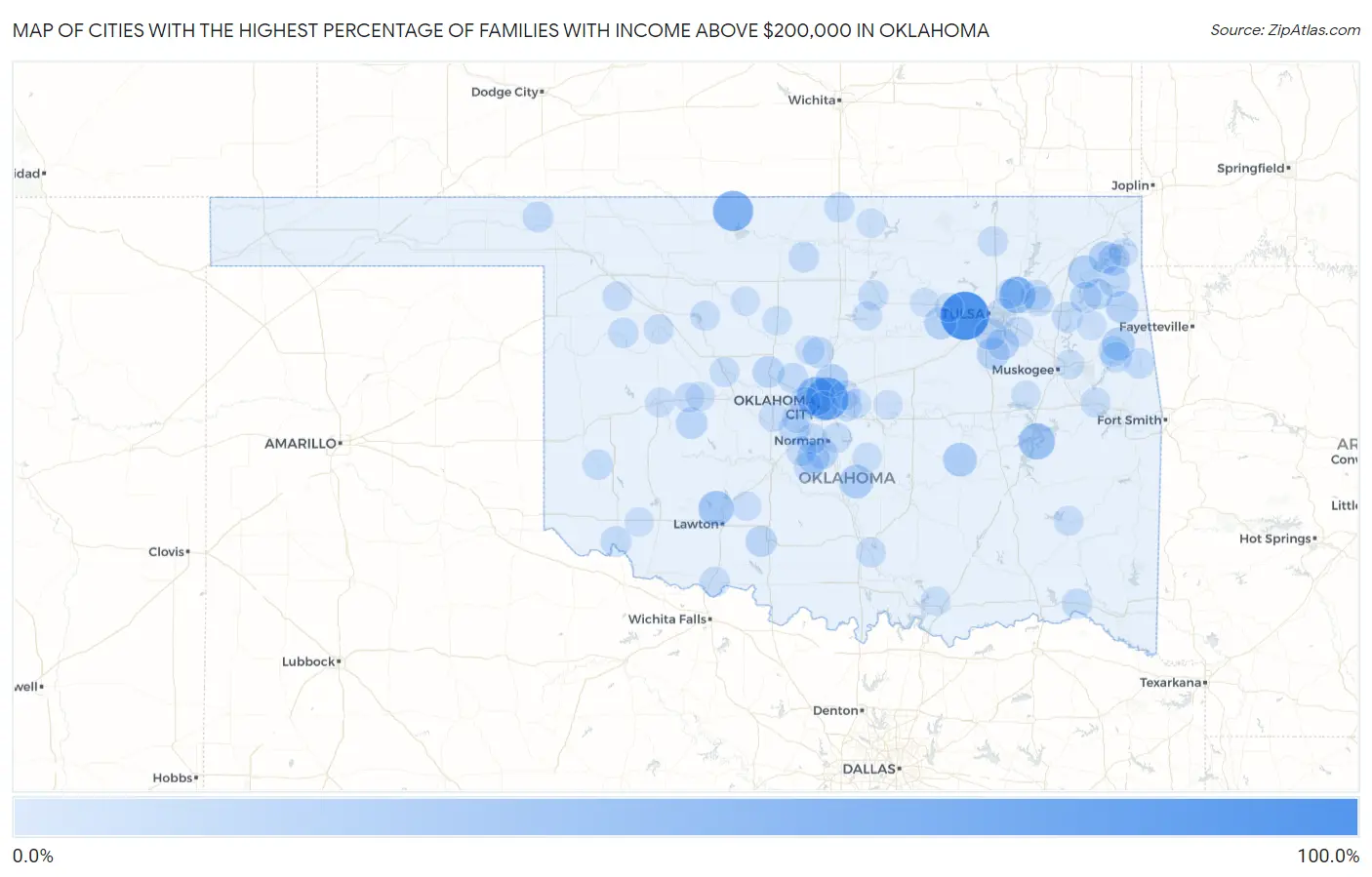 Cities with the Highest Percentage of Families with Income Above $200,000 in Oklahoma Map