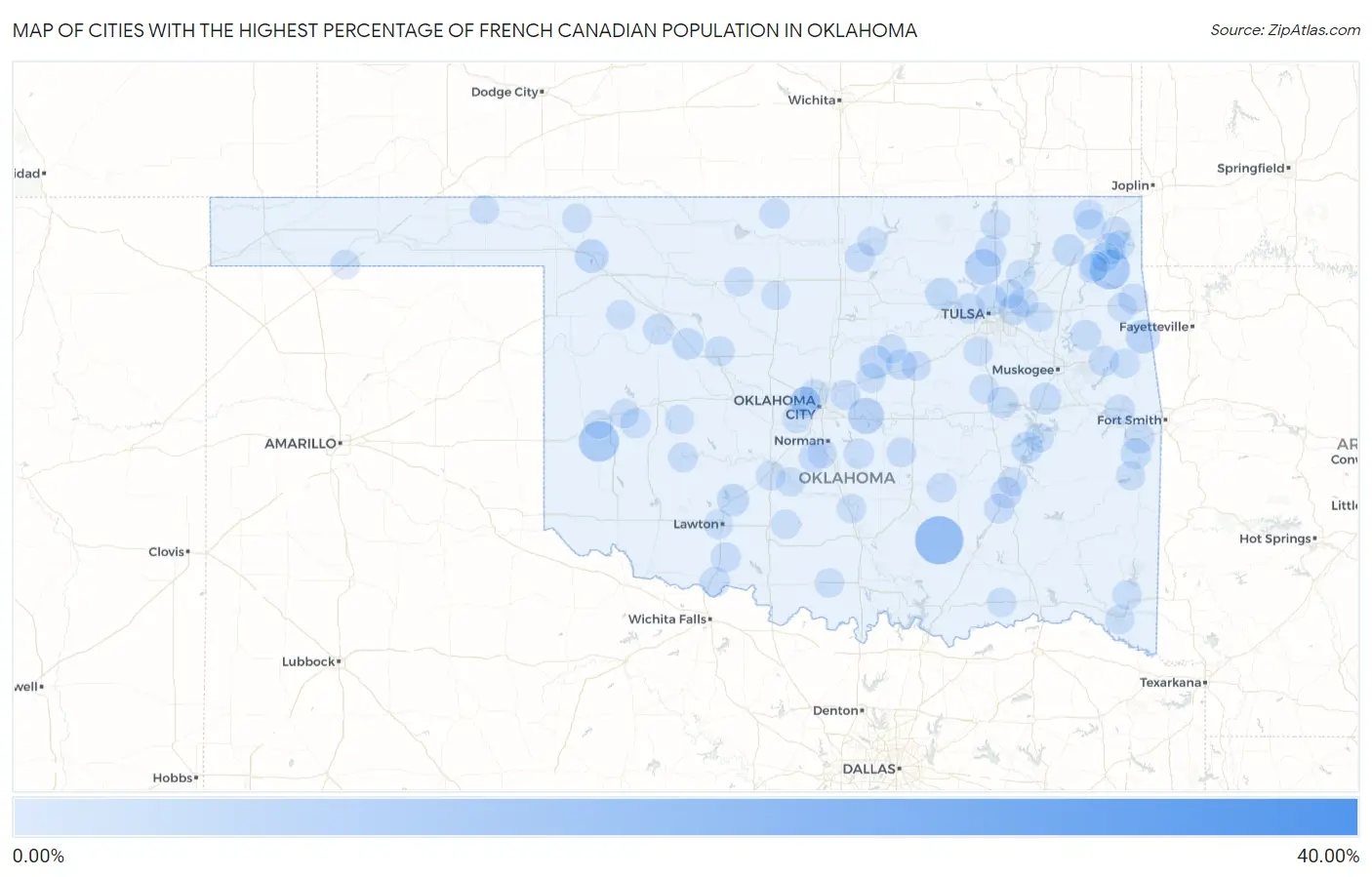 Cities with the Highest Percentage of French Canadian Population in Oklahoma Map
