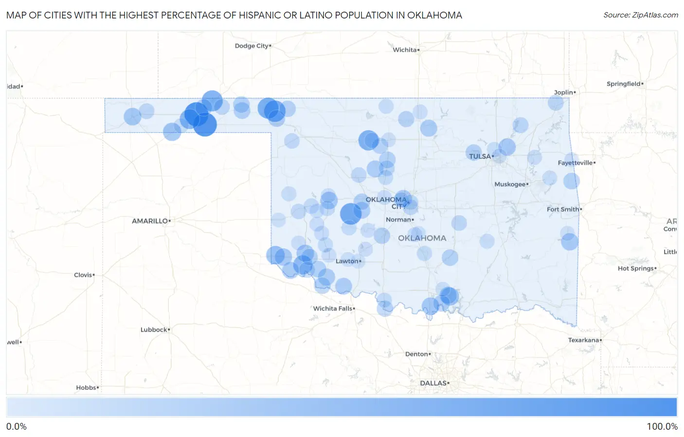 Cities with the Highest Percentage of Hispanic or Latino Population in Oklahoma Map
