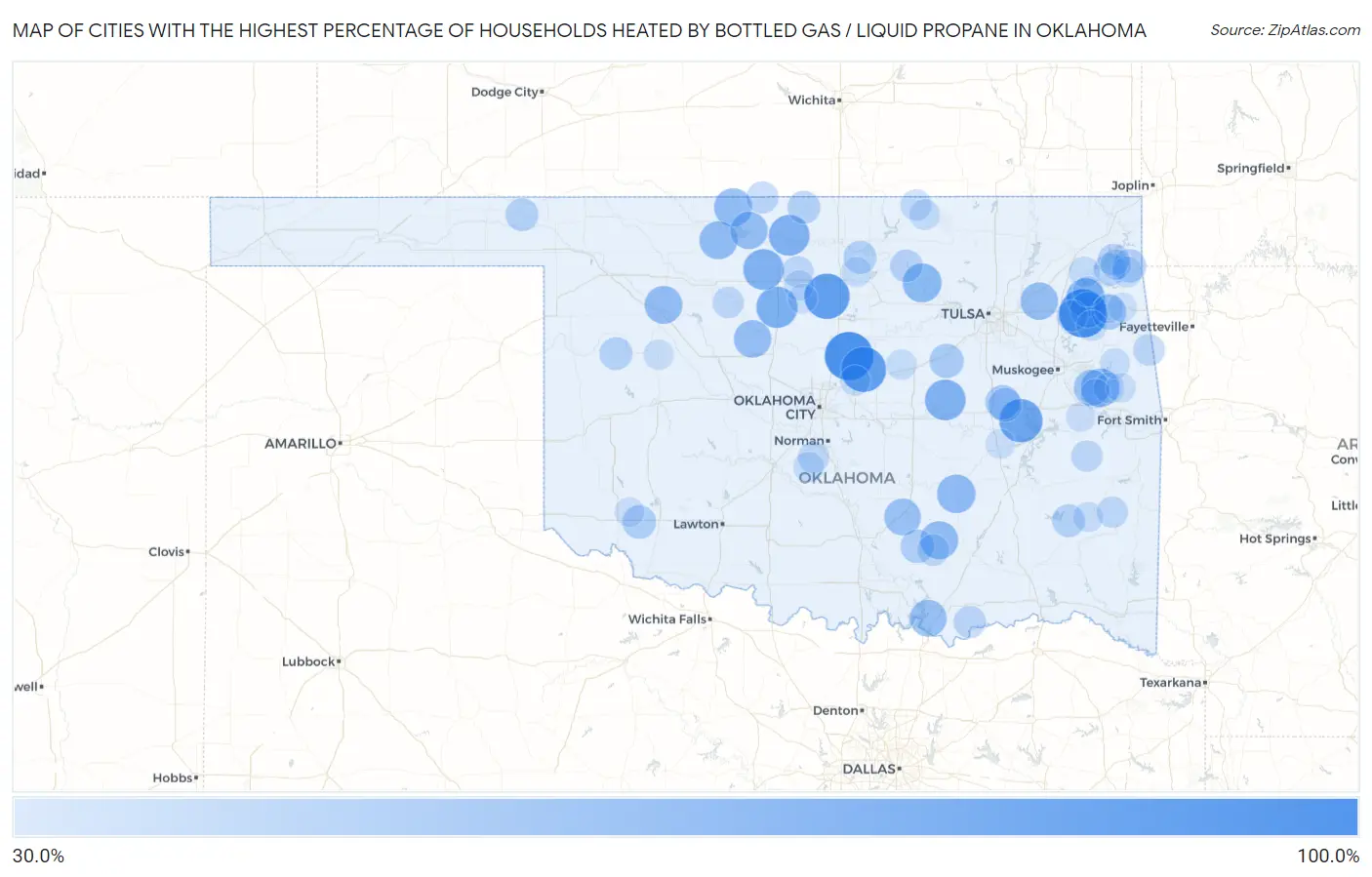 Cities with the Highest Percentage of Households Heated by Bottled Gas / Liquid Propane in Oklahoma Map