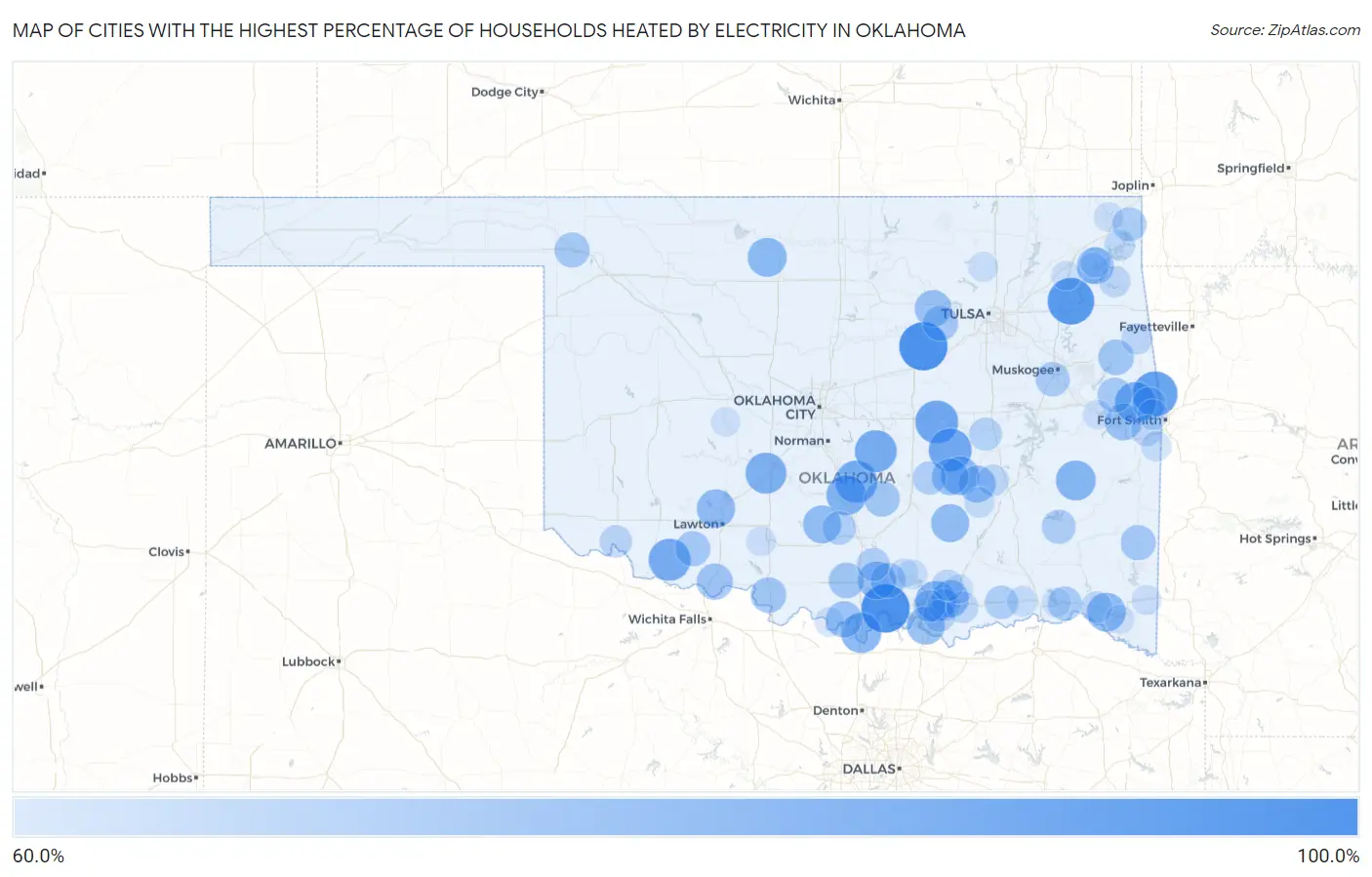 Cities with the Highest Percentage of Households Heated by Electricity in Oklahoma Map