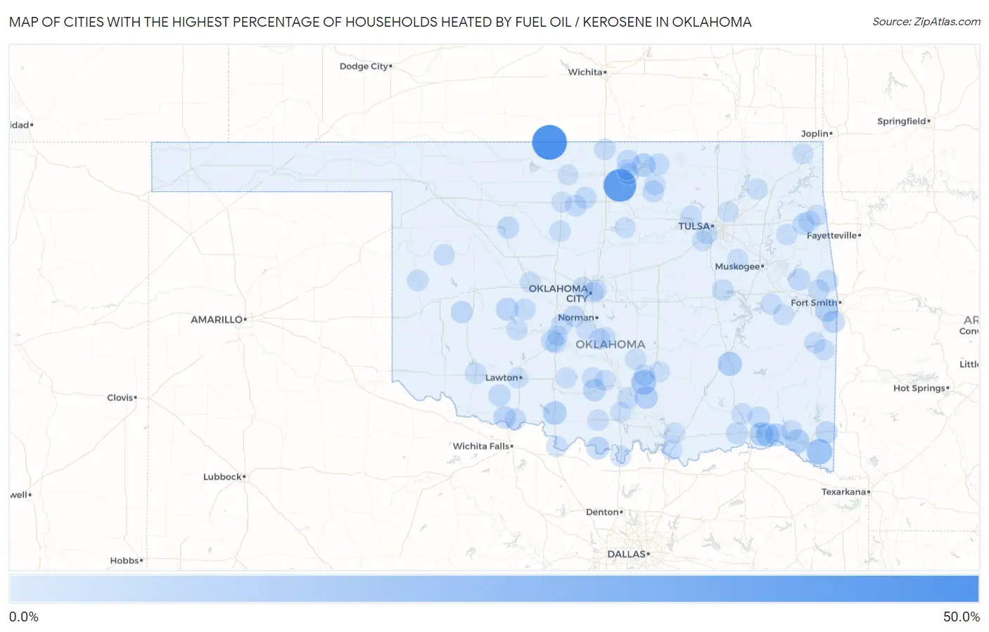 Cities with the Highest Percentage of Households Heated by Fuel Oil / Kerosene in Oklahoma Map