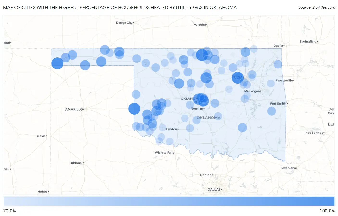 Cities with the Highest Percentage of Households Heated by Utility Gas in Oklahoma Map