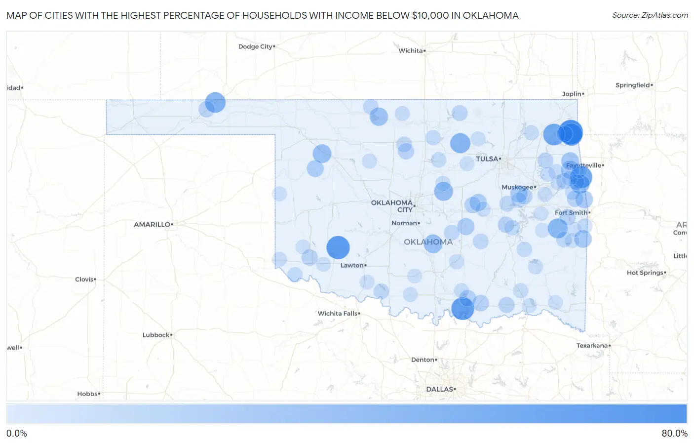 Cities with the Highest Percentage of Households with Income Below $10,000 in Oklahoma Map