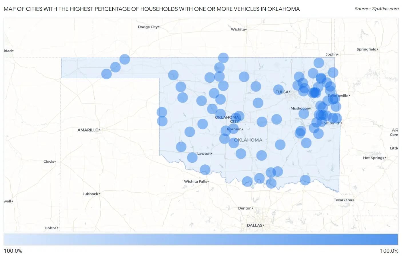 Cities with the Highest Percentage of Households With One or more Vehicles in Oklahoma Map