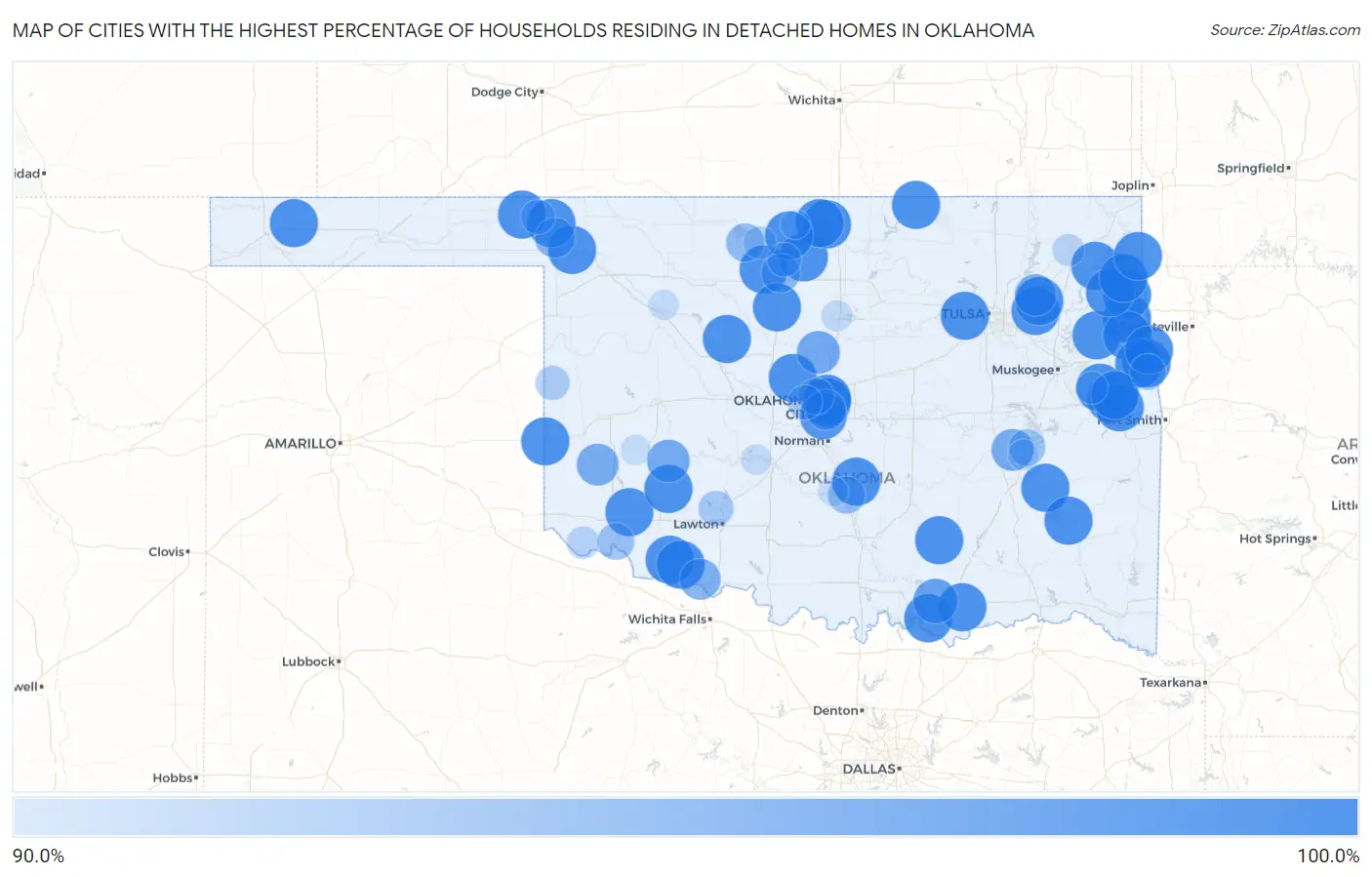 Cities with the Highest Percentage of Households Residing in Detached Homes in Oklahoma Map