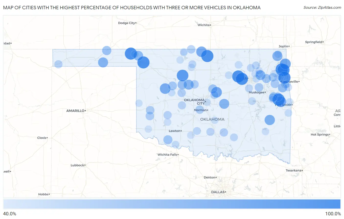Cities with the Highest Percentage of Households With Three or more Vehicles in Oklahoma Map