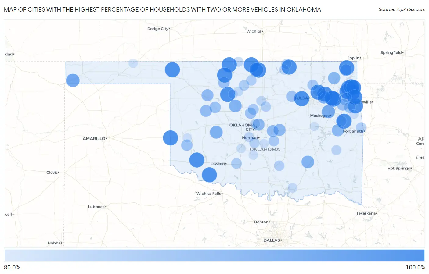 Cities with the Highest Percentage of Households With Two or more Vehicles in Oklahoma Map