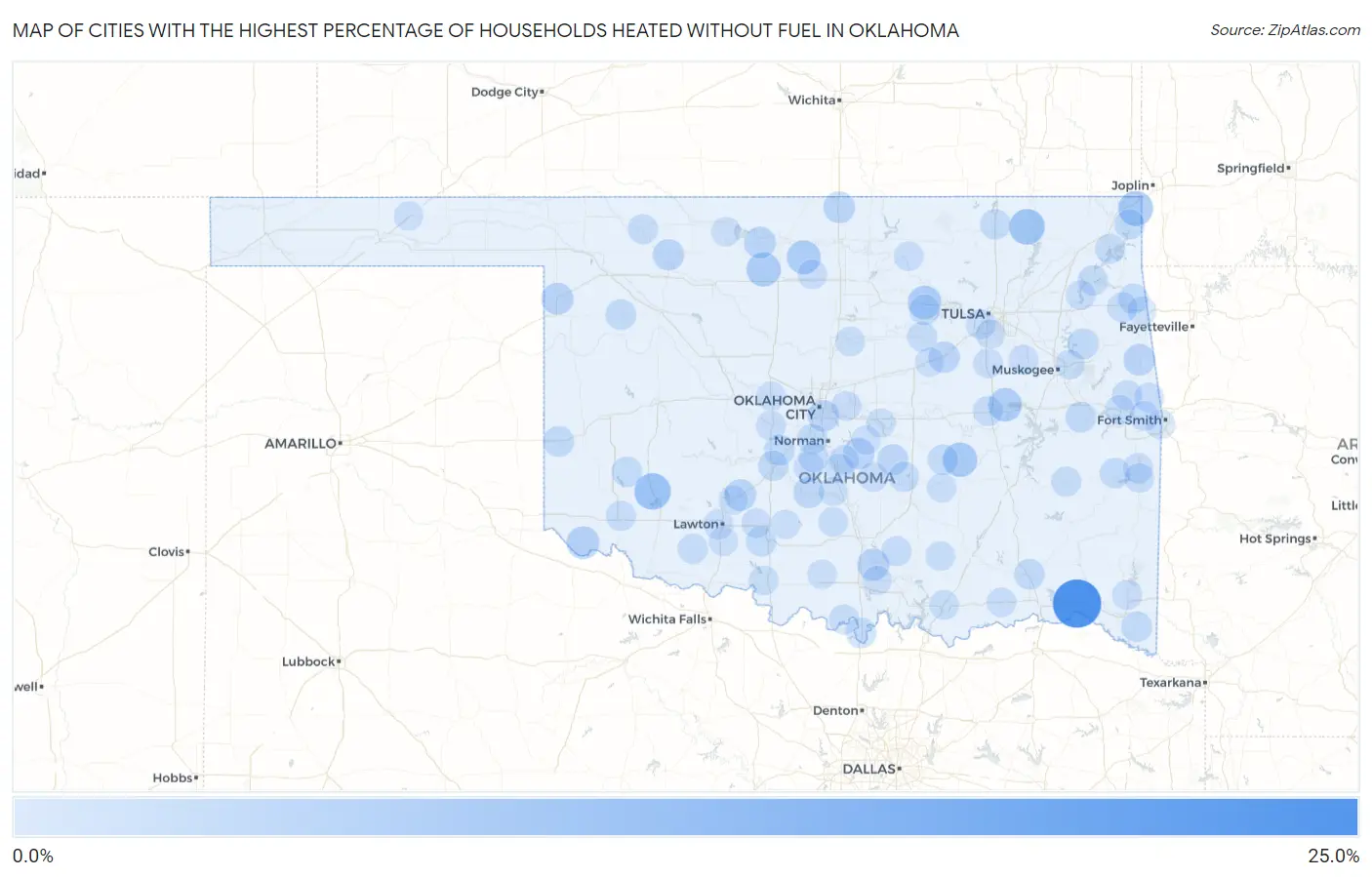 Cities with the Highest Percentage of Households Heated without Fuel in Oklahoma Map