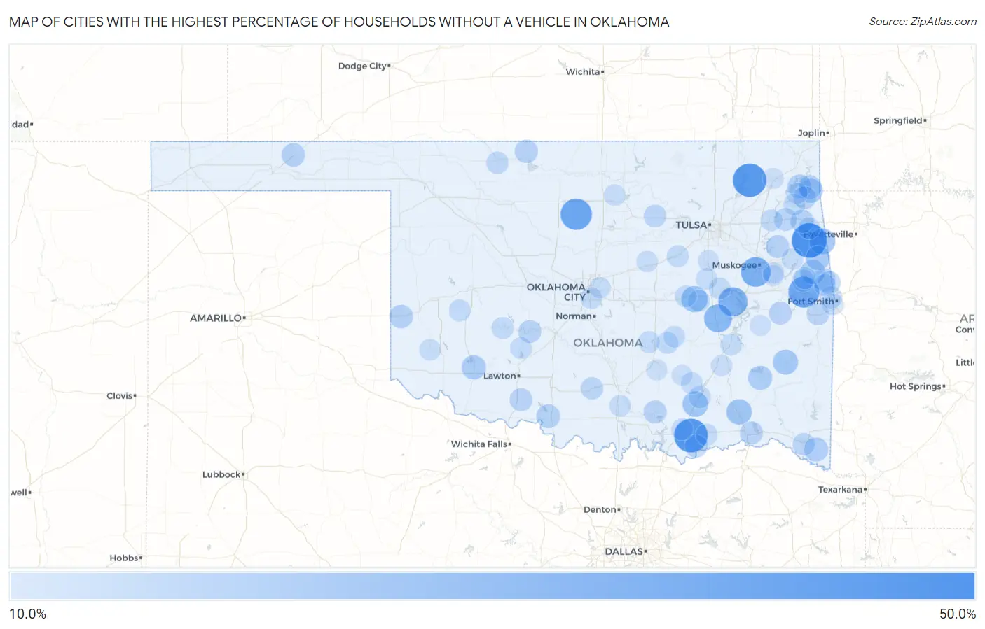 Cities with the Highest Percentage of Households Without a Vehicle in Oklahoma Map