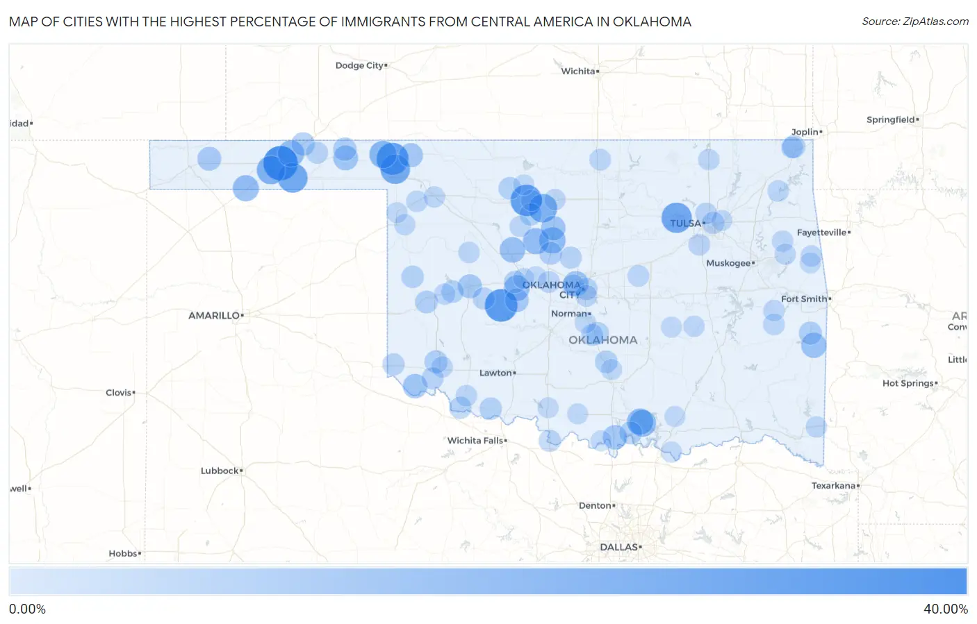 Cities with the Highest Percentage of Immigrants from Central America in Oklahoma Map