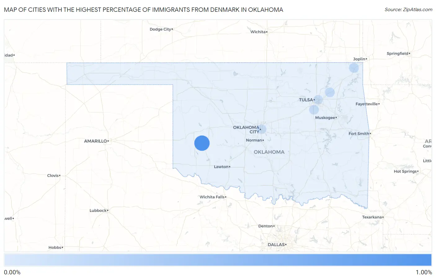 Cities with the Highest Percentage of Immigrants from Denmark in Oklahoma Map