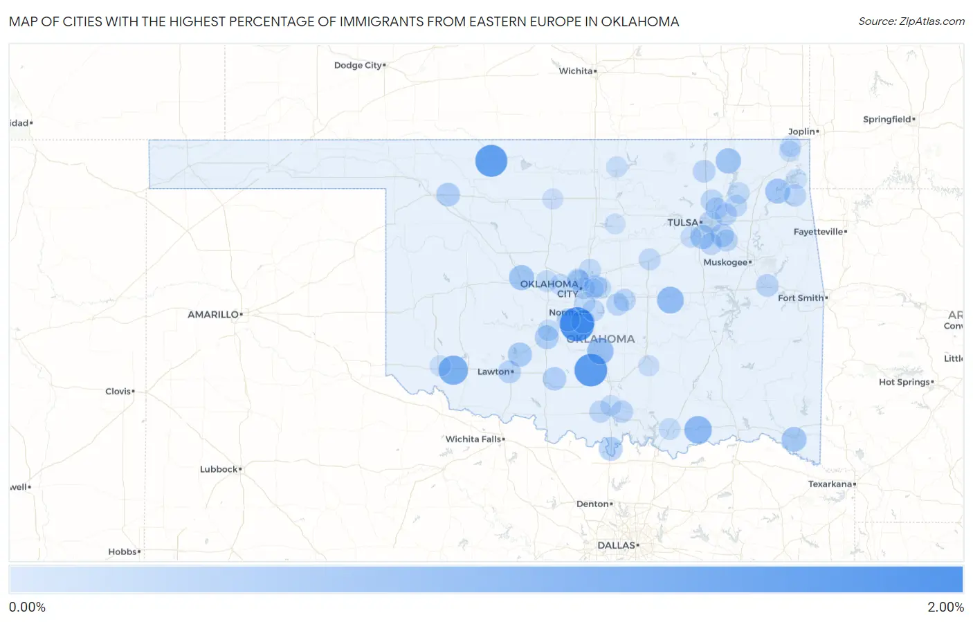 Cities with the Highest Percentage of Immigrants from Eastern Europe in Oklahoma Map