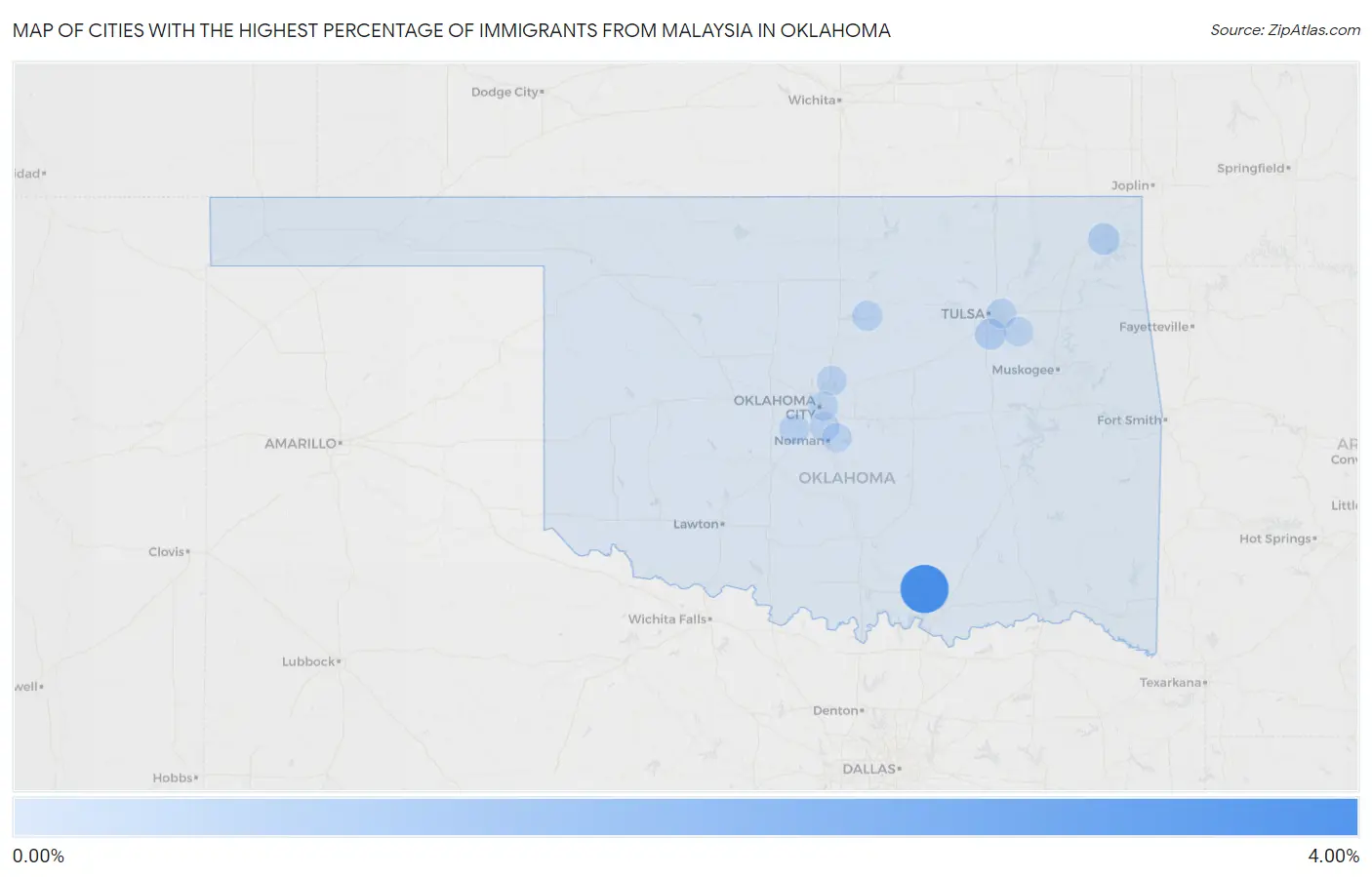 Cities with the Highest Percentage of Immigrants from Malaysia in Oklahoma Map