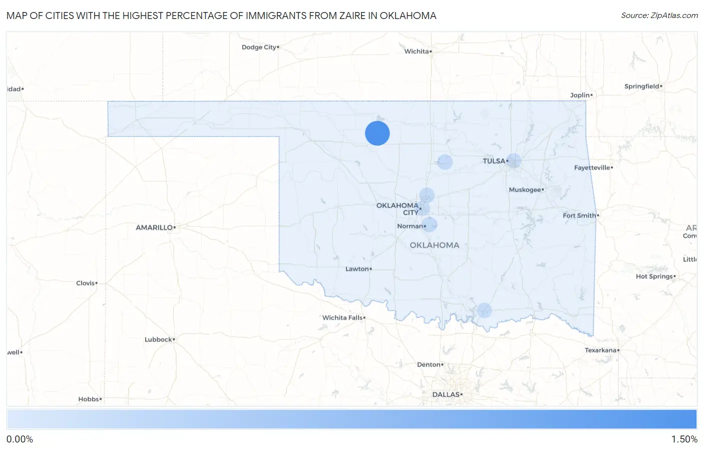 Cities with the Highest Percentage of Immigrants from Zaire in Oklahoma Map