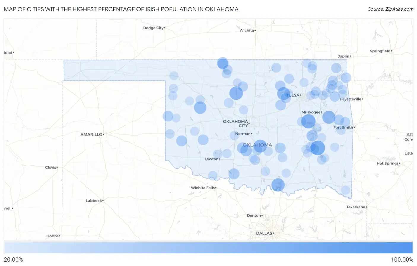 Cities with the Highest Percentage of Irish Population in Oklahoma Map