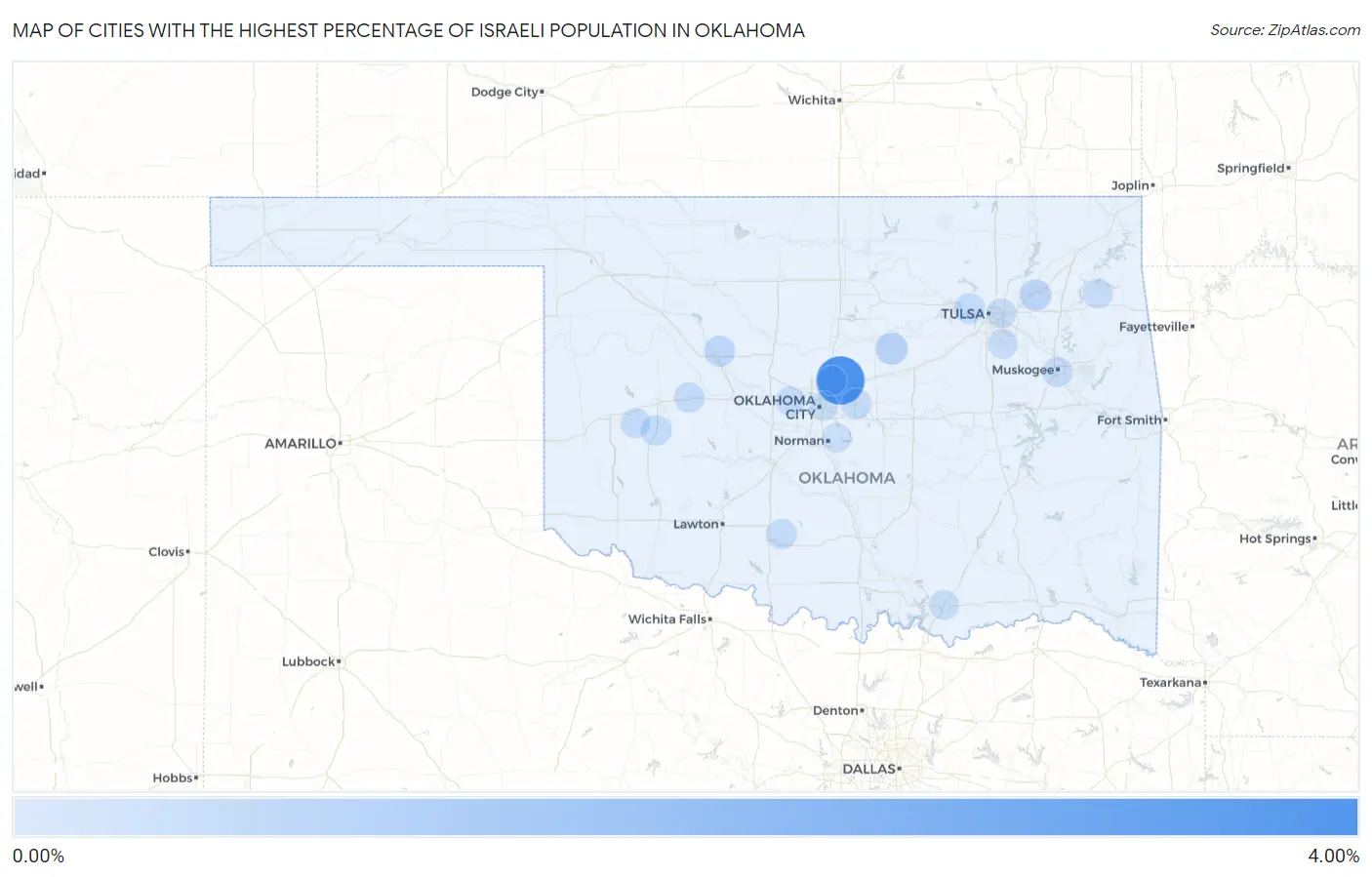 Cities with the Highest Percentage of Israeli Population in Oklahoma Map