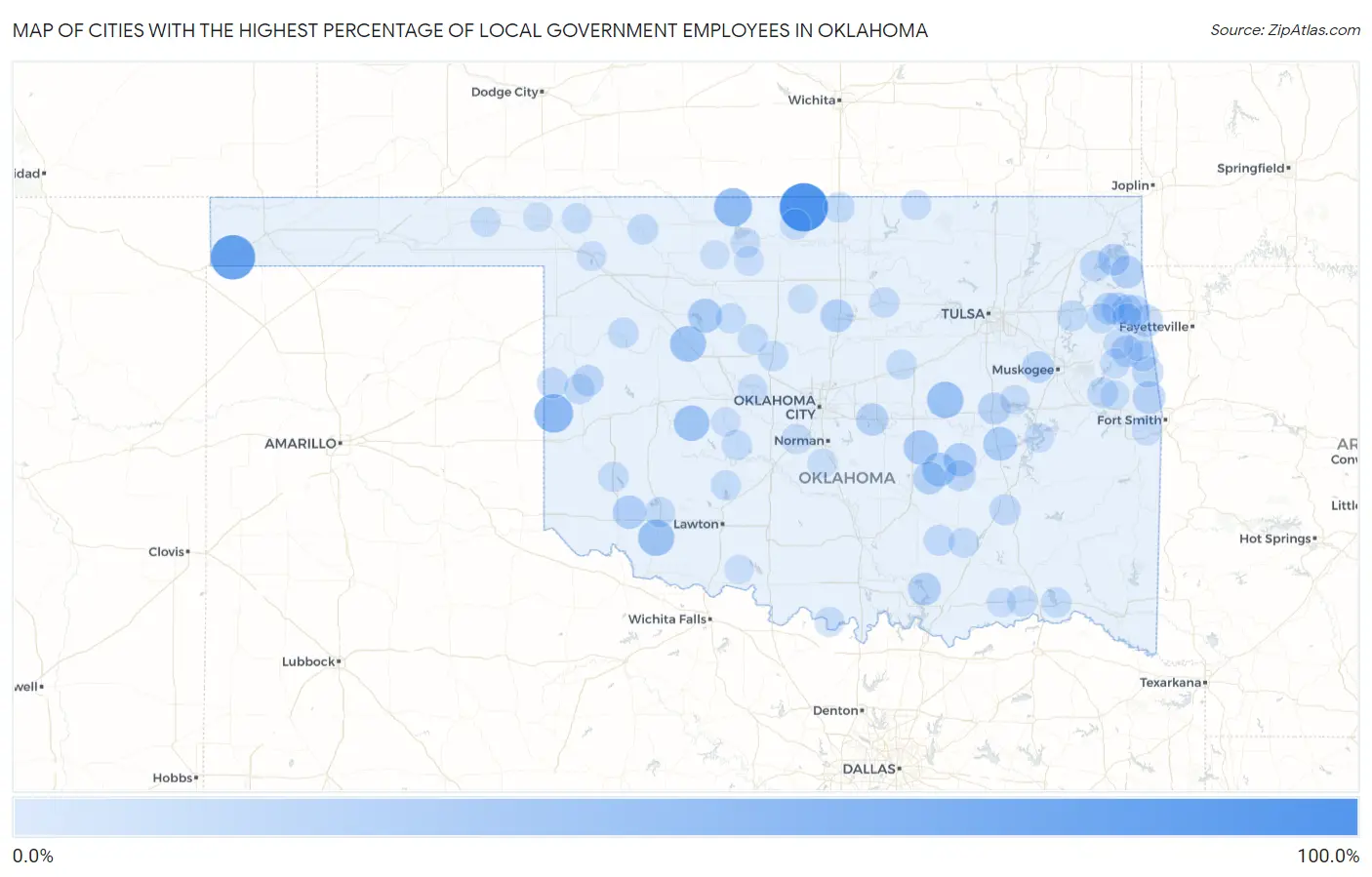 Cities with the Highest Percentage of Local Government Employees in Oklahoma Map